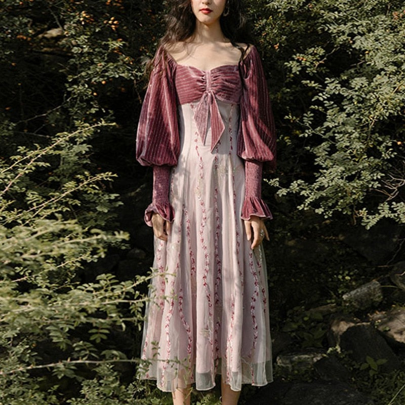 Lizakosht new Autumn Winter Women Vintage French Rural Style Long Sleeve Lace Floral velvet Long Princess Dress