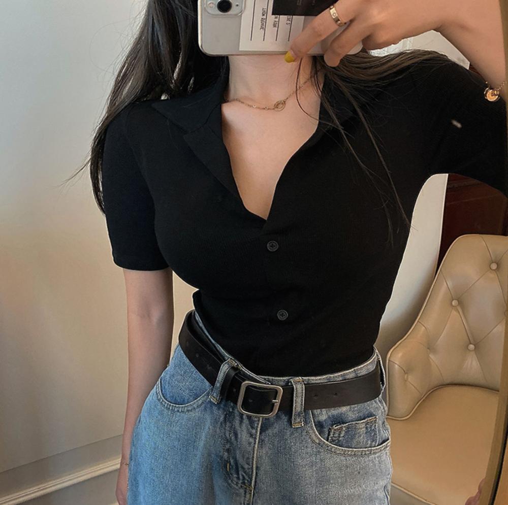 cotton knitted crop tops for Sexy women 2022 Summer female solid short-sleeve elasticity polo shirt