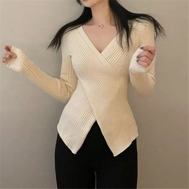 Bella 2022 new Sexy V-neck Slim Women Knit Sweater Y2k V-neck Bottoming Long Sleeve Lady Blouse All-match Autumn Pullover Tops