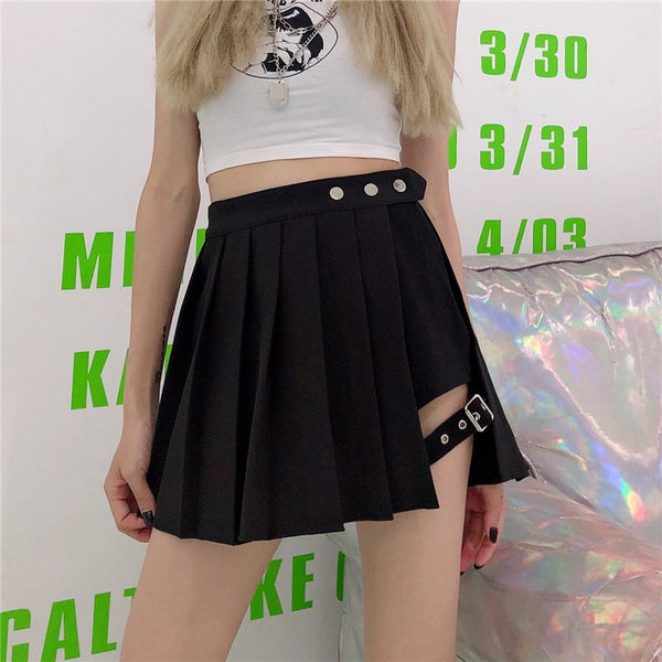 PERHAPS U Black Punk Pleated Ruched Mini Short Empire Skirt Rock And R ...