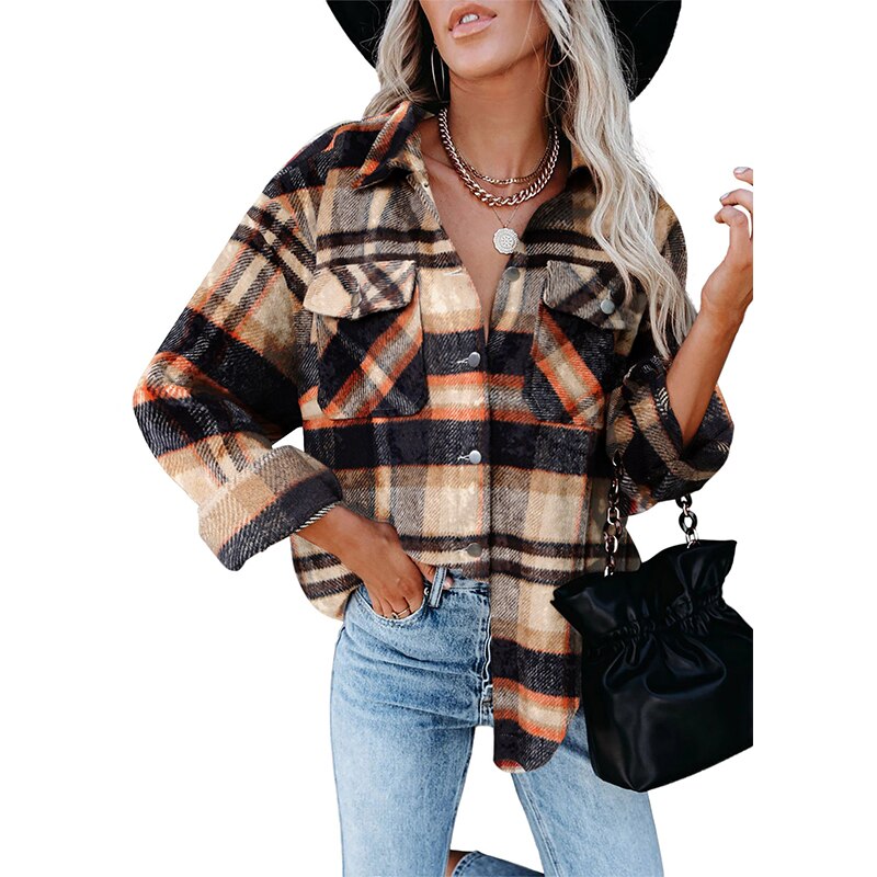 YRZS Womens Brushed Flannel Casual Jacket Plaid Lapel Button Short Pocketed Shacket Shirts Coats