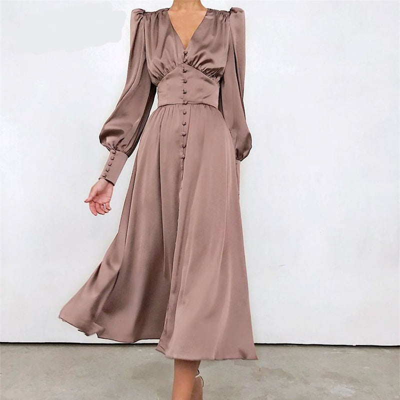 Lizakosht Elegant spring satin bishop sleeve a-line dress women V-neck high waist button dress solid Vintage long dresses chic