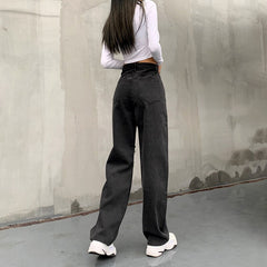 Cool Black Ripped Jeans Mid-Waisted Trousers Wide Leg Pants Pockets Casual Punk Streetwear Female 2022 Korean Style Lady