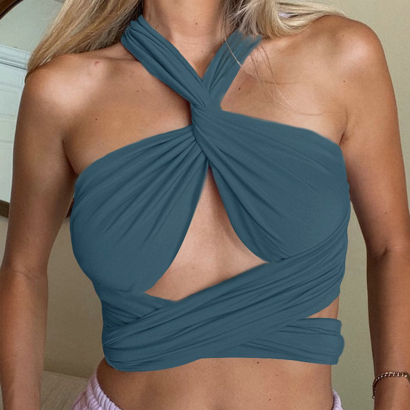 Solid Color Bandage Wrap Crop Top Women Cross Over Front Cut Out Halter Neck Sleeveless Backless Fashion Sexy DIY Tank Vest