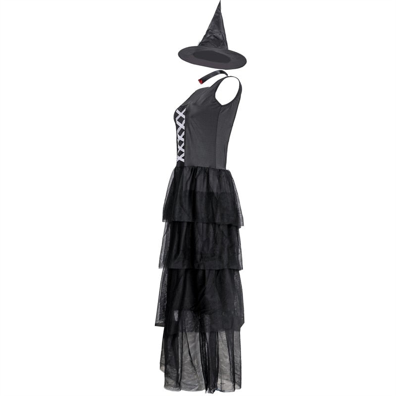 Lizakosht Adult Halloween Witch Sexy Sleeveless Costumes Black for Women Fantasy Witch Role Cosplay Carnival Party Dress Performance Skirt