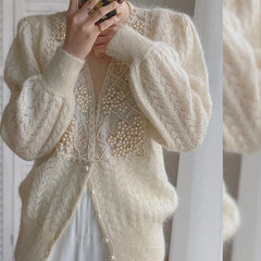 New Women Korean Elegant Mohair Sweater Cardigan Spring Autumn Hollow Beaded Pearl Button Up Knitted Sweater Ladies Coat