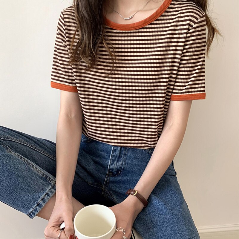 Fashion Striped T-shirt Women Slim Thin Casual Short Sleeve O Collar T-shirt Summer New Retro Patchwork Soft Knitted Simple Tops