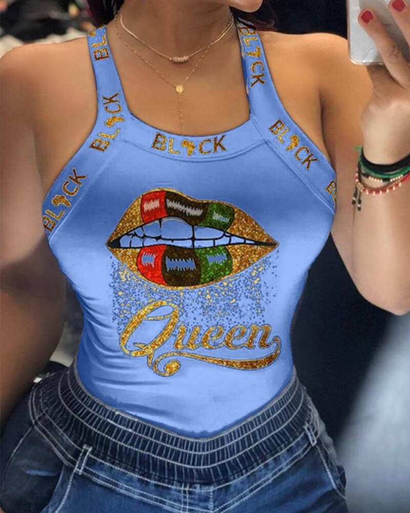 Summer Ladies Harajuku Shirts Slim Fit Polyester Sleeveless Top Tshirts Tank Tops Women U Neck Letter Print Lips Vest