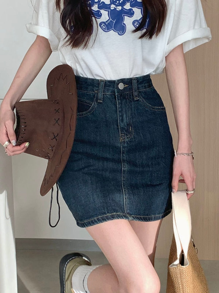 HOUZHOU Vintage Denim Skirt Women High Waisted A-line Mini Skirts Summer Korean Fashion Harajuku Streetwear School Girl Casual