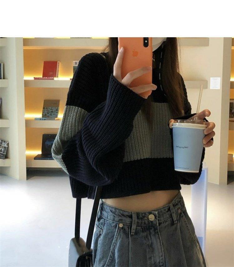 New Style Women Sweaters Pullovers Short Patchwork Jumpers Retro women Sexy Loose Soft All-match Knitted Streetwear Sweet Fit