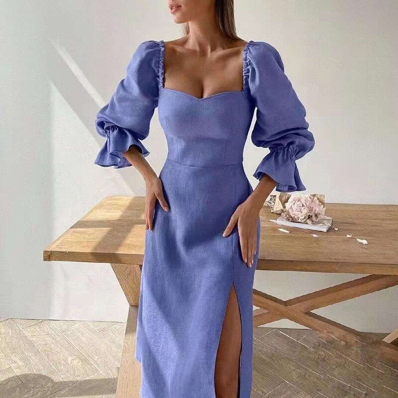 Retro Square Collar Women Solid Slim Party Dress Autumn Flare Sleeve Ladies Split A-Line Dress 2022  Female Sexy Backless Vestido