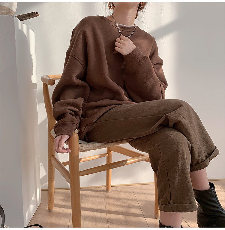 Spring Fleece Thick Sweatshirt Vintage Solid Warm O Neck Pullover Grey Brown Lady New All-match Hooded Autumn Women Coat