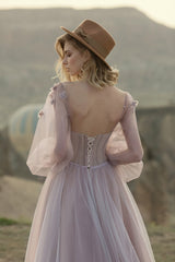 Romantic Pink Princess Wedding Dresses Boho Off Shoulder Puffy Long Sleeves Illusion Tulle Beach Open Back Bridal Gowns Flowers