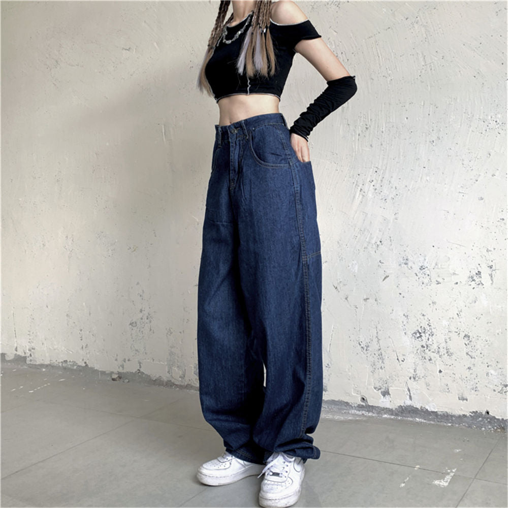 Lizakosht American retro street loose embroidered straight-leg jeans women  new casual all-match high-waist mopping wide-leg trousers