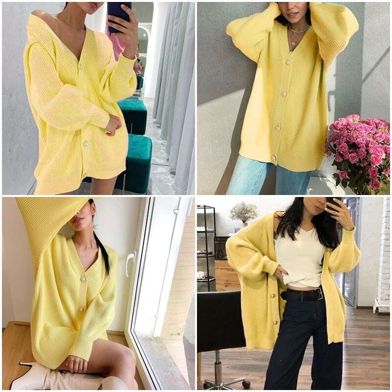 Tossy Solid Casual Knitted Cardigan Sweater 2021 Spring New High Street Outwear Pullover Female Coat Oversize Sweaters Jumper