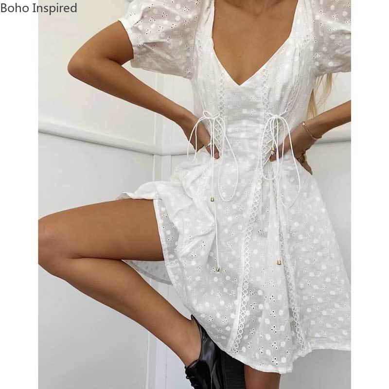 White Floral Sexy Dress Women Lace-up Details Cotton Embroidery Mini Summer Dress V-neck Supper Chic Ladies Dress