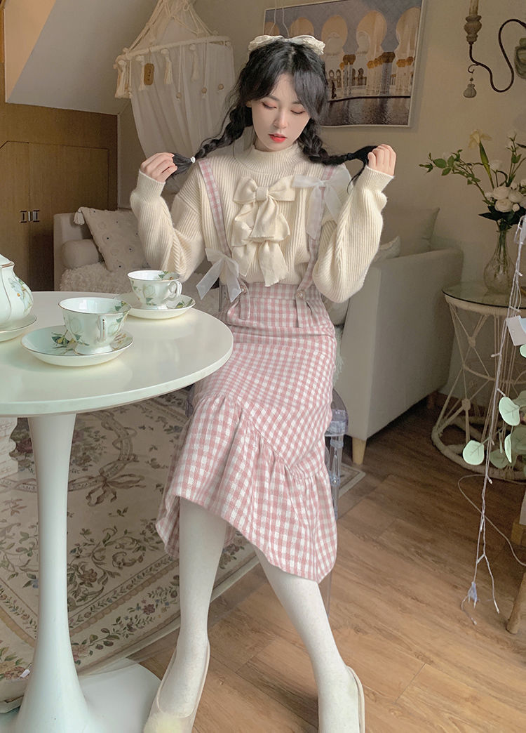 Kawaii Woolen Pink Plaid Mermaid Skirt Women Autumn Japanese Sweet Elegant High Waist Slim Strap Long Skirts Soft Girl