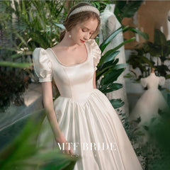 New Wedding Dress Pearls Ankle Length Elegant Latern Short Sleeves Square Princess Satin Bride Dress wedding night dress