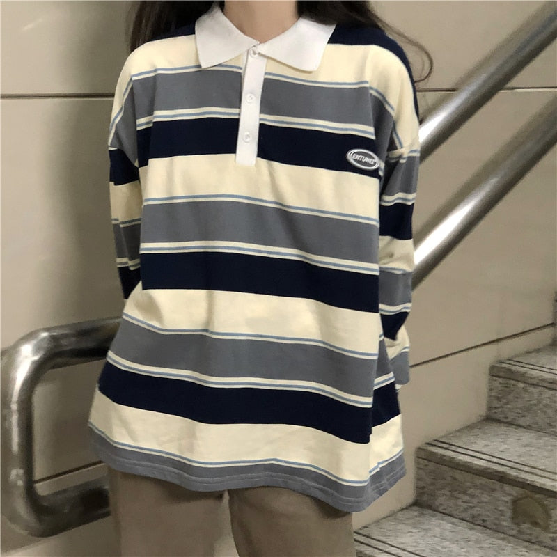 Retro ins stripe hit color wild loose polo collar pullover sweatshirt women loose Harajuku street Korean style top autumn