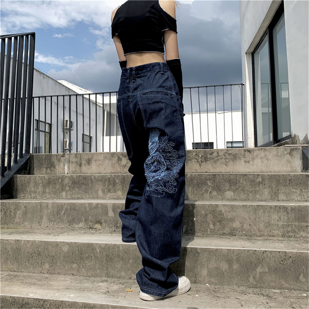 Lizakosht American retro street loose embroidered straight-leg jeans women  new casual all-match high-waist mopping wide-leg trousers