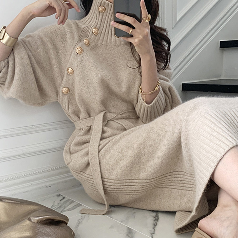 Korean Autumn Winter Retro Button Two-wear Sweater Dress Waist Knitted Dress Women Solid Color Fashion Turtleneck Long Sleeve