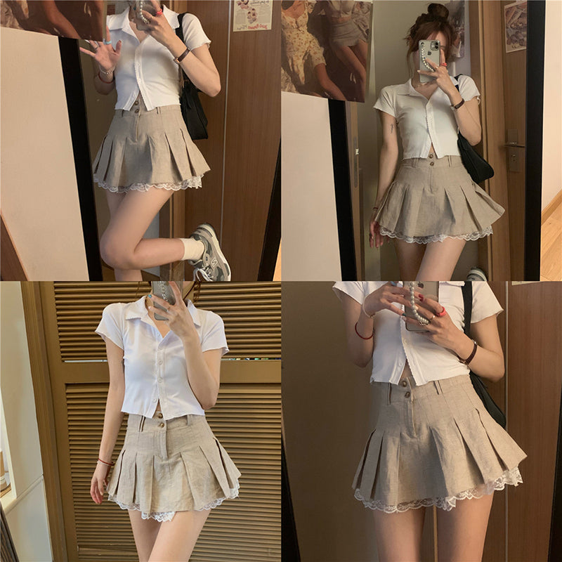 Lizakosht Grunge Fairycore Lace Double Layer Mini Skirt Button Y2K Cute Solid Pleated Skirts Elfcore Patchwork Clothes Aesthetic