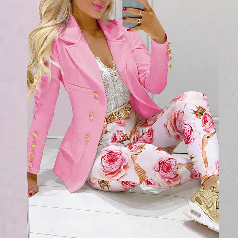 Fashion Women Commute Solid Color Outfits Elegant Chic Single-breasted Jackets And High Waist Long Pants Sets Lady 2PC Sets