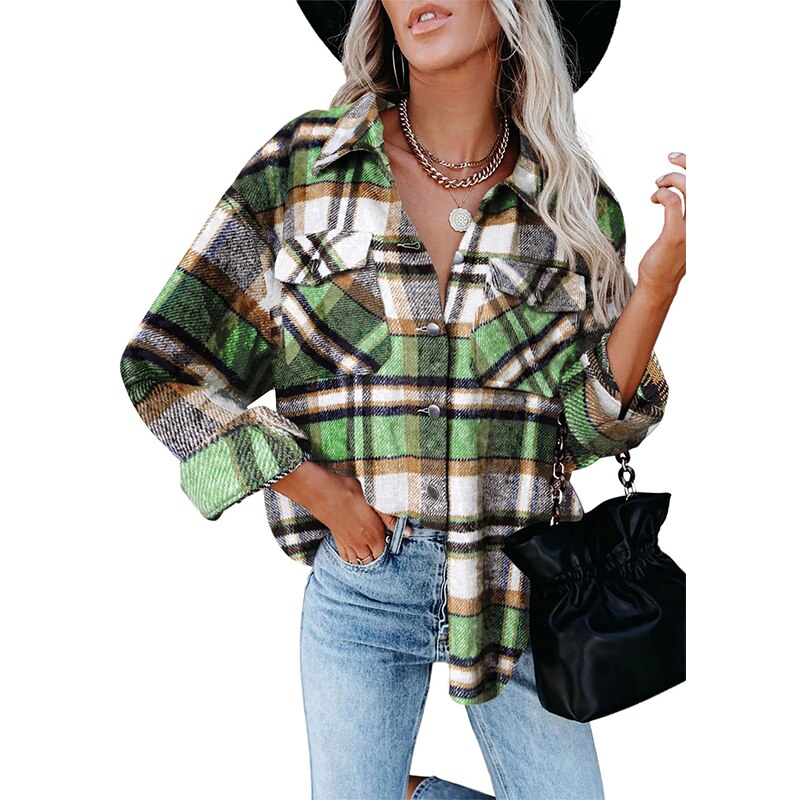 YRZS Womens Brushed Flannel Casual Jacket Plaid Lapel Button Short Pocketed Shacket Shirts Coats