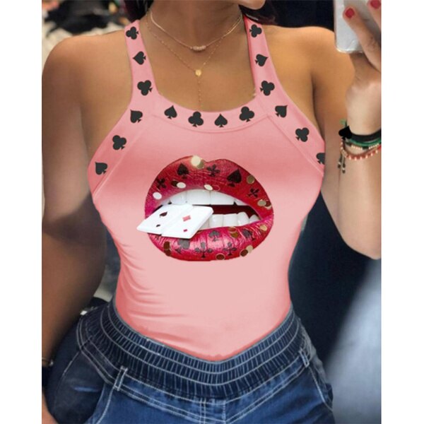 Summer Ladies Harajuku Shirts Slim Fit Polyester Sleeveless Top Tshirts Tank Tops Women U Neck Letter Print Lips Vest