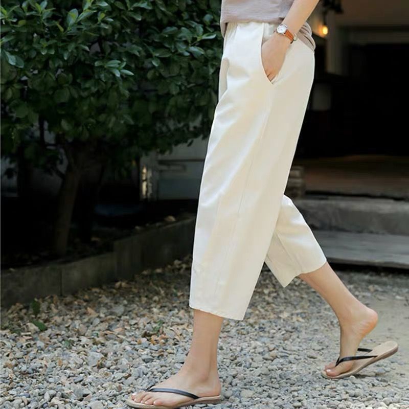 Cotton Linen Pants Women's Summer Loose Solid Harem Pants Female High Waist Large Size Casual Khaki Calf-Length Pants  Women