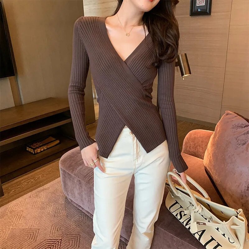 Bella 2022 new Sexy V-neck Slim Women Knit Sweater Y2k V-neck Bottoming Long Sleeve Lady Blouse All-match Autumn Pullover Tops