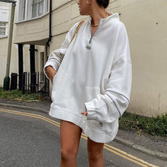 Drop-shoulder White Women Sweatshirts Streetwear Half High Collar Long Sleeve Pullover Female Loose 2022 Autumn Pocket Top Woman