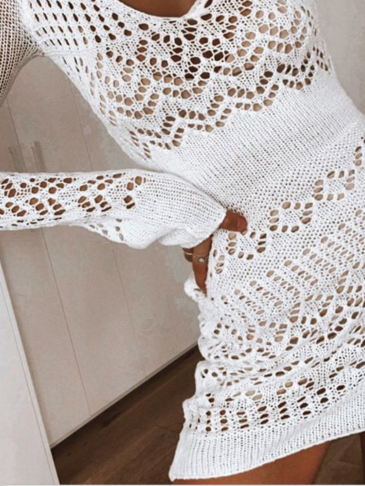 Crochet Knitted Sexy Summer Beach Dress Women V Neck See Through Sweater Dresses Solid Long Sleeve Casual Bikini wear