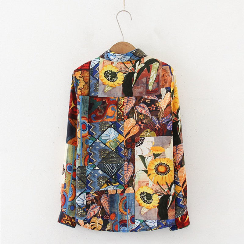 Women Retro Sunflower Print Shirt Oil Painting Print Design Blouse Girl Loose Lapel Tops and Blouses 2021  New