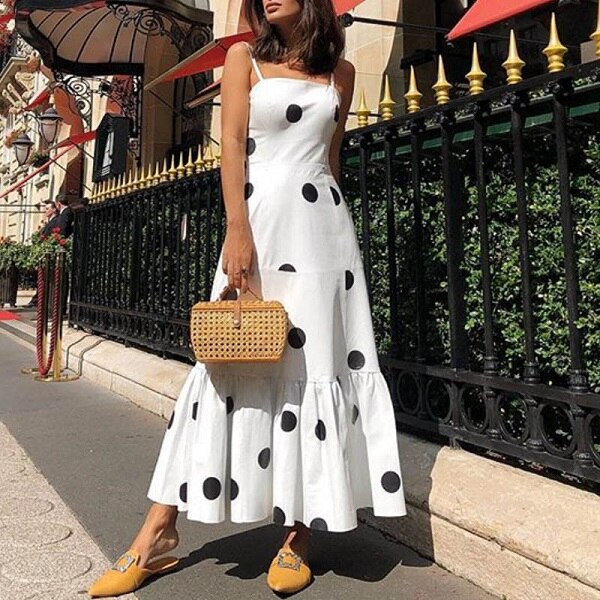 Women Vintage Off Shoulder Sleeveless Boho Long Dress New Polka Dot Print Strap Party Dress Summer Beach Sundress Ruffle Dresses