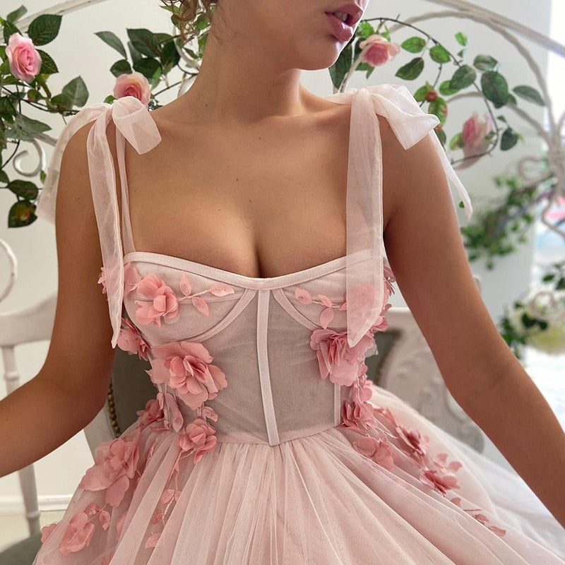 UZN New Arrival Pink A-Line Flowers Prom Dress Elegant Puffy Straps Evening Dress Plus Size Pleated Long Party Dress