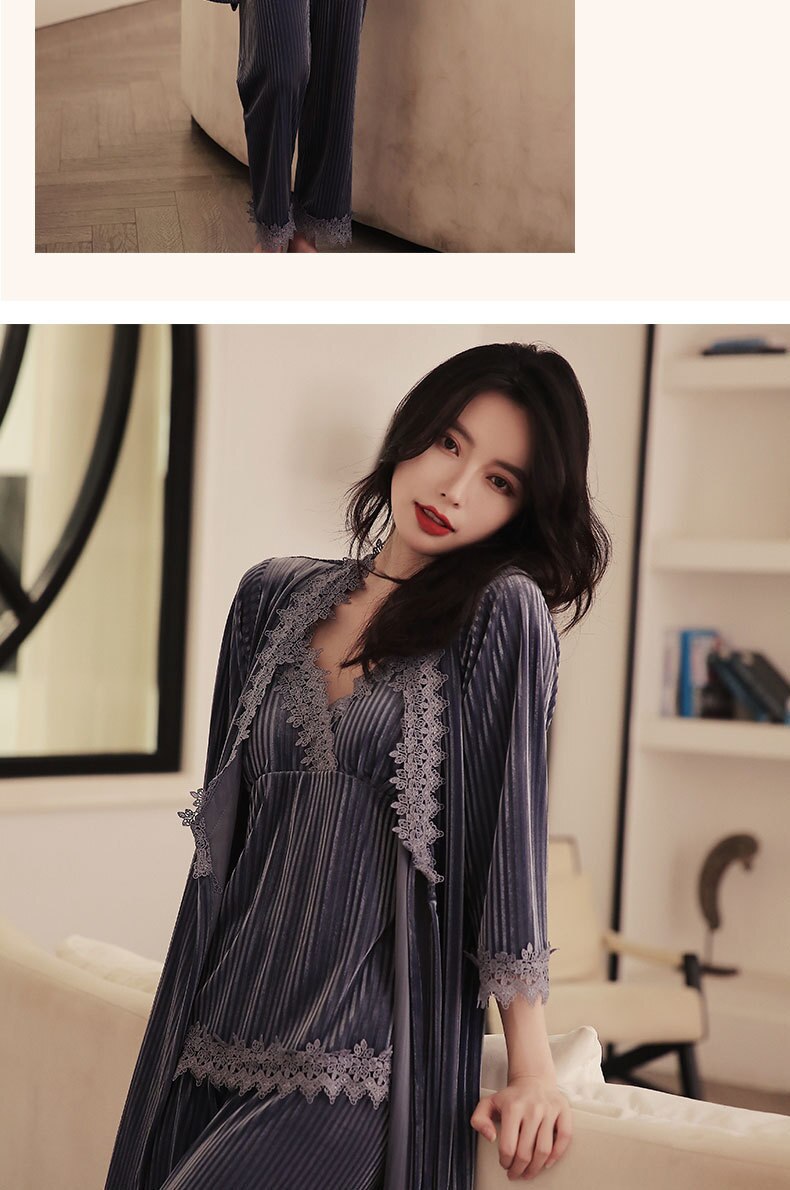 Sexy Women Lace Trim 4PCS Pijamas Suit Sleepwear Velvet Pajamas Set Intimate Lingerie Autumn Winter Loose Home Clothes Nightwear