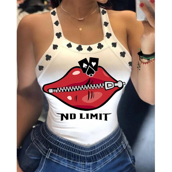 Summer Ladies Harajuku Shirts Slim Fit Polyester Sleeveless Top Tshirts Tank Tops Women U Neck Letter Print Lips Vest