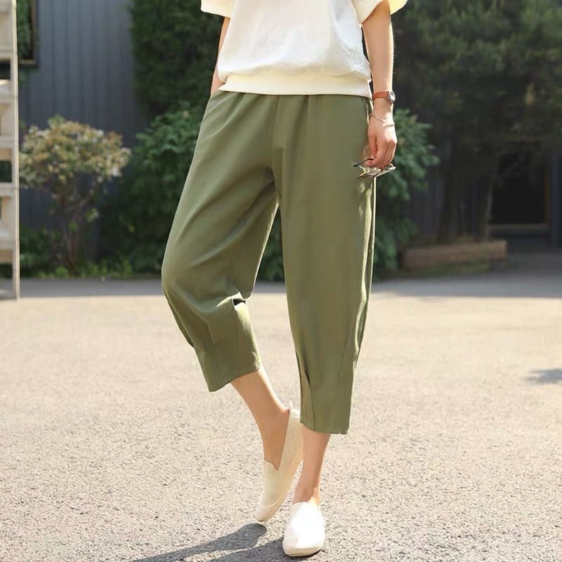 Cotton Linen Pants Women's Summer Loose Solid Harem Pants Female High Waist Large Size Casual Khaki Calf-Length Pants  Women