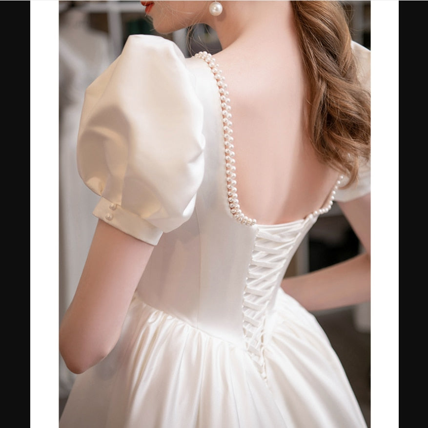 New Wedding Dress Pearls Ankle Length Elegant Latern Short Sleeves Square Princess Satin Bride Dress wedding night dress