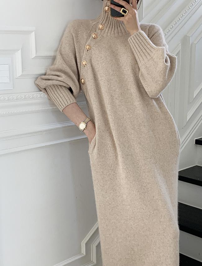 Korean Autumn Winter Retro Button Two-wear Sweater Dress Waist Knitted Dress Women Solid Color Fashion Turtleneck Long Sleeve