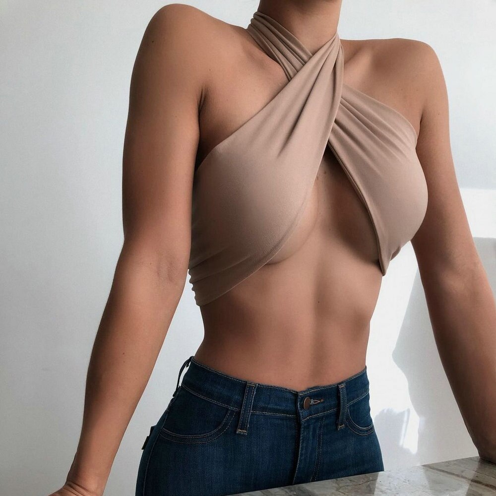 Solid Color Bandage Wrap Crop Top Women Cross Over Front Cut Out Halter Neck Sleeveless Backless Fashion Sexy DIY Tank Vest