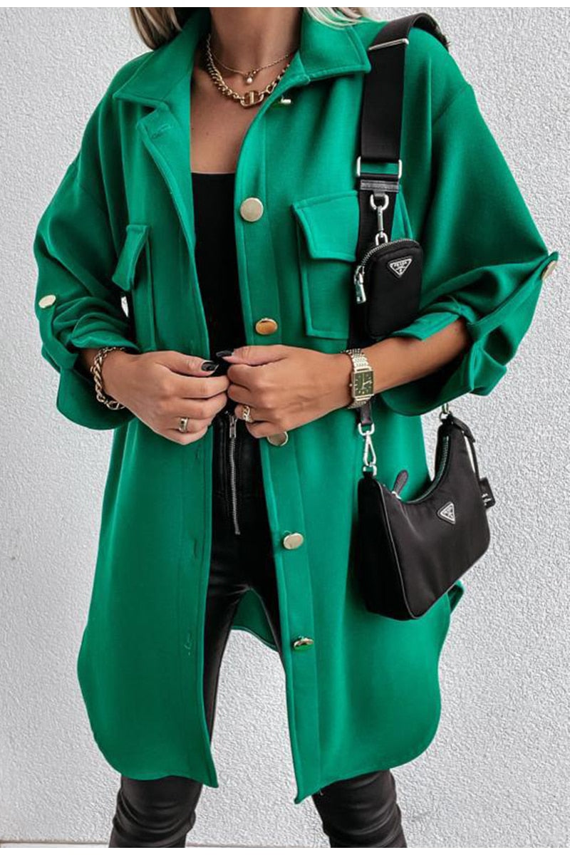 Office loose  lapel pocket women's jacket green Casual ladies autumn winter long coats  Minimalist split apricot outwear