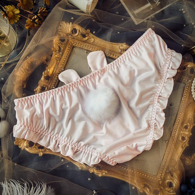 Wriufred Underwear female sweet girl student bunny ball low waist lace edge briefs temptation bag hip cotton crotch panties