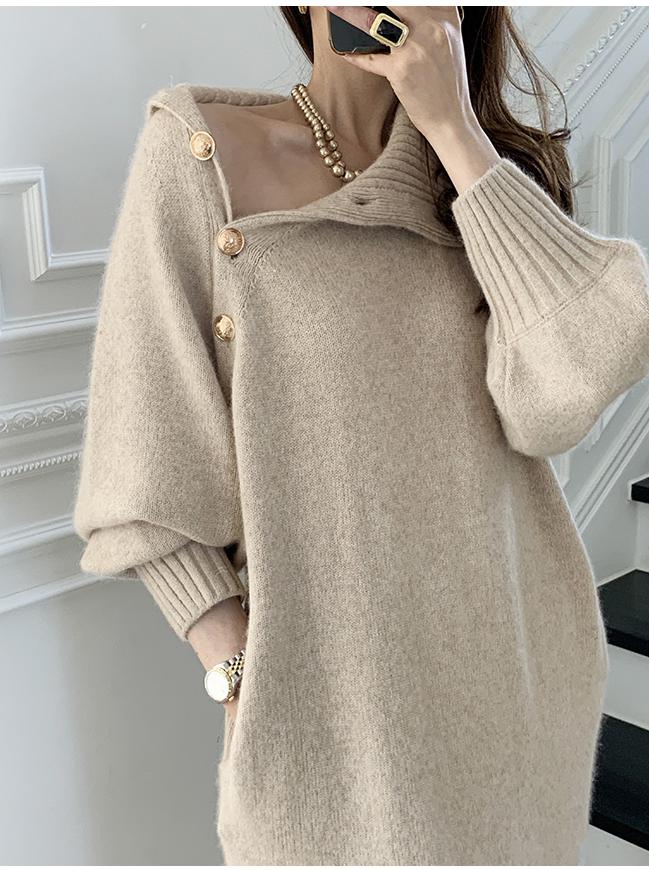 Korean Autumn Winter Retro Button Two-wear Sweater Dress Waist Knitted Dress Women Solid Color Fashion Turtleneck Long Sleeve