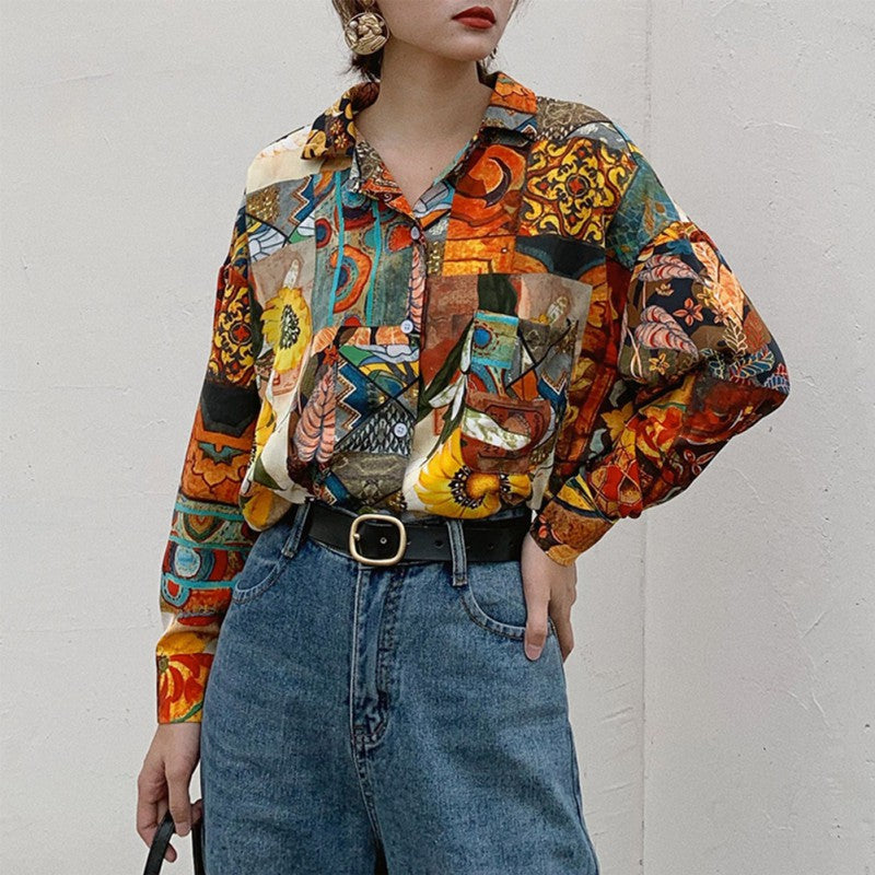 Women Retro Sunflower Print Shirt Oil Painting Print Design Blouse Girl Loose Lapel Tops and Blouses 2021  New