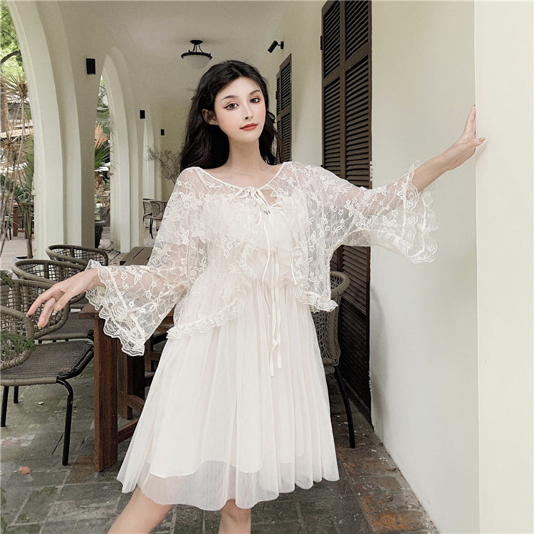 Lizakosht Actual Photo Of Long Sling Dress With Lace Sunscreen In Soft Yarn In Summer Of 2021   2 Piece Set Women Sleeveless Dress