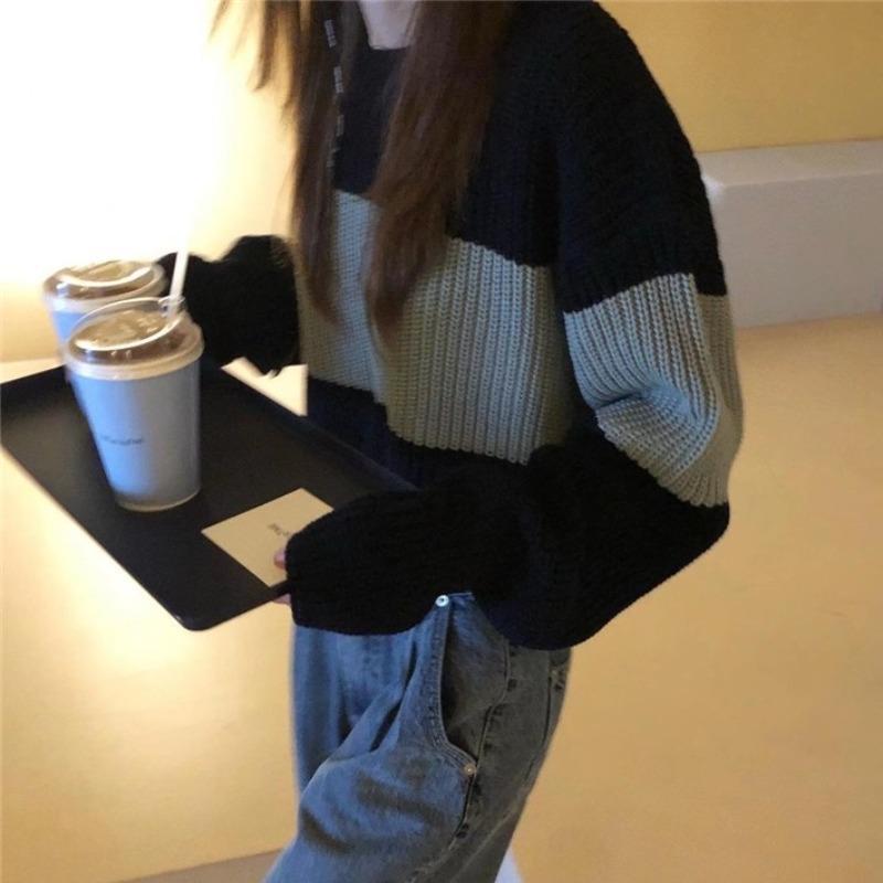 New Style Women Sweaters Pullovers Short Patchwork Jumpers Retro women Sexy Loose Soft All-match Knitted Streetwear Sweet Fit