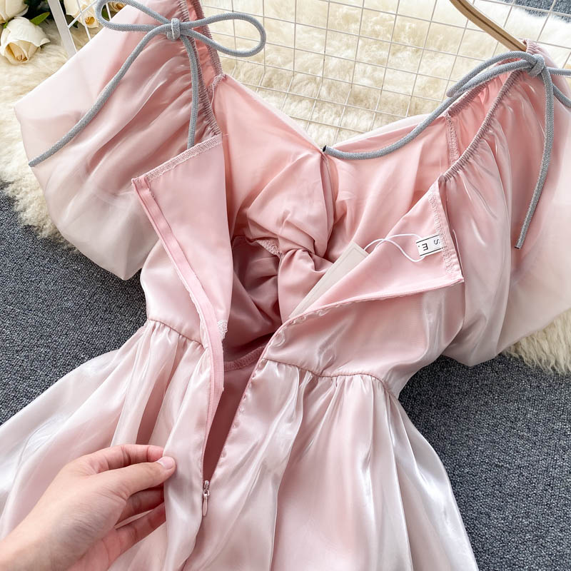 Summer Korean Fashion Elegant Party Fairy Dress Women Japanese Kawaii Sweet Bow Lace-up Mini Dress Puff Sleeve Casual Robe Femme