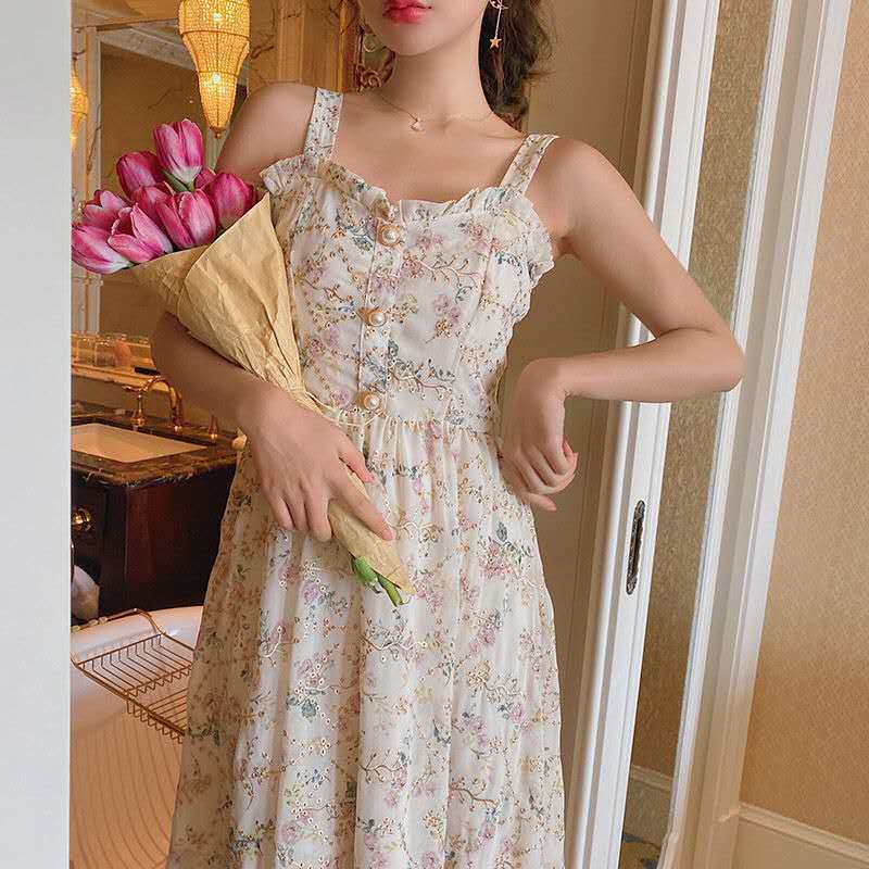 Spaghetti Strap Dress Women French Elegant Vintage Floral Dress Sweet 2022 Summer Fashion Clothing Party One Piece Dress Korean